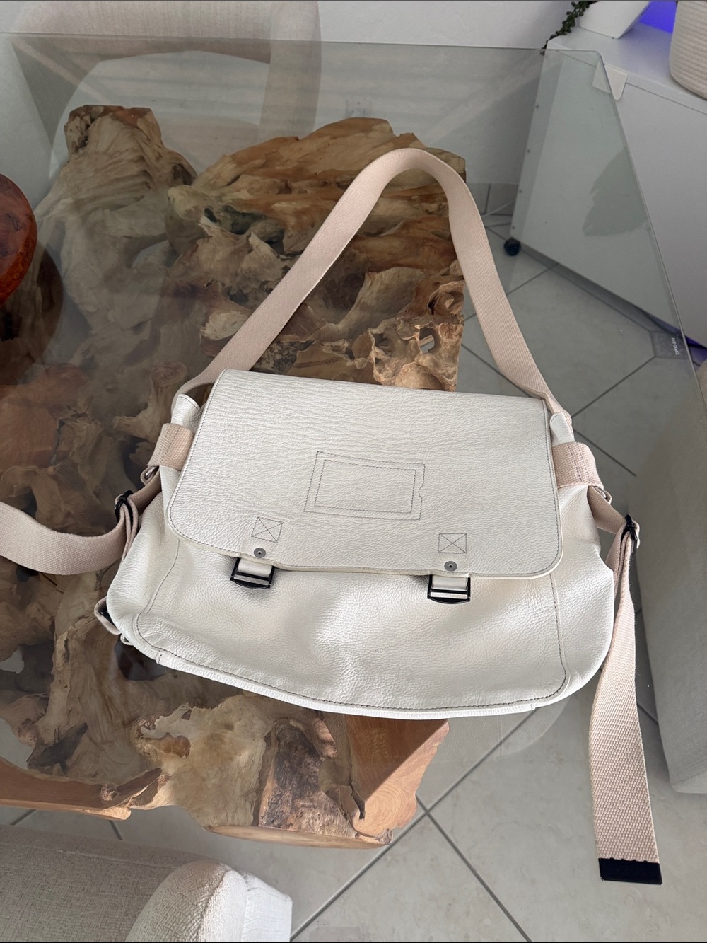 Zadig & Voltaire Minimal Cream Crossbody Messenger Bag with Beige Strap